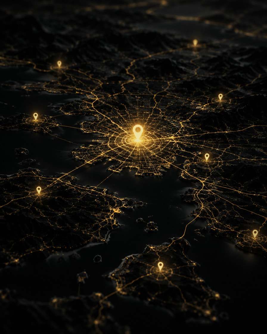 Una mappa notturna della zona con segnaposto dorati accesi sulle attività vicine
