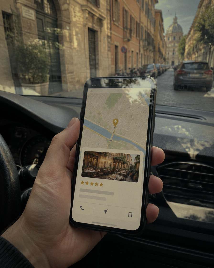 In auto, una mano tiene il telefono con la mappa della zona, un segnaposto dorato e la scheda di un locale a cinque stelle