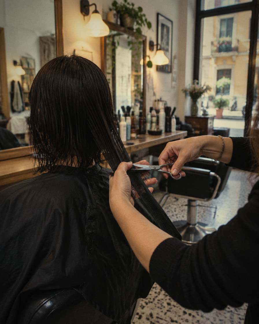Una parrucchiera taglia i capelli a una cliente, in un salone con le luci calde e gli specchi