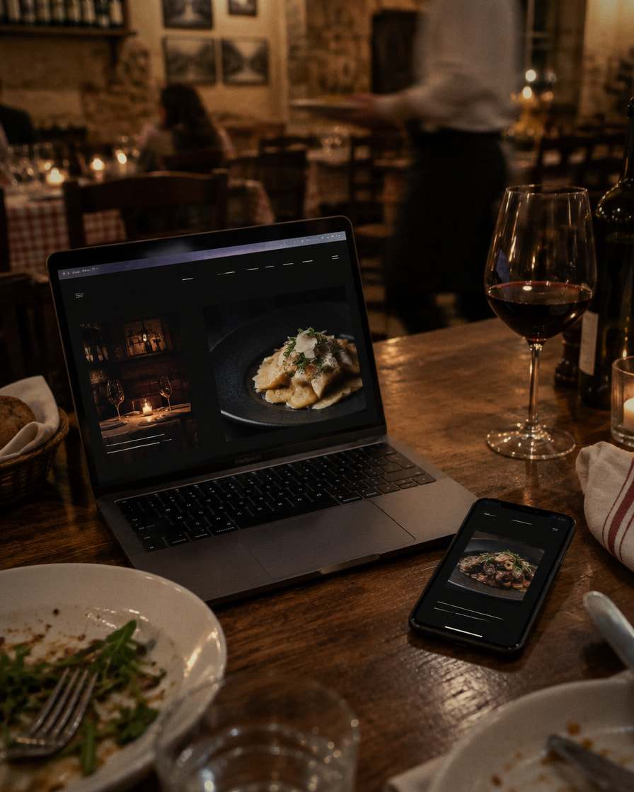 Un portatile e un telefono mostrano il sito di un ristorante, sul tavolo apparecchiato di una sala calda la sera