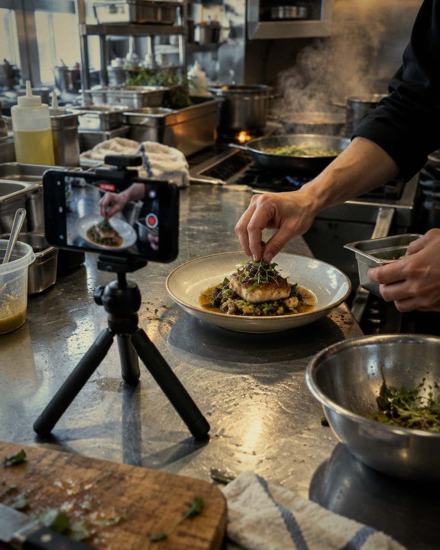 Un telefono su un piccolo cavalletto riprende uno chef che impiatta, nella cucina di un ristorante