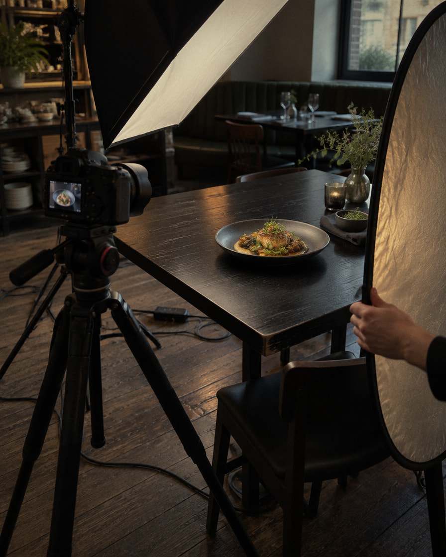 Una macchina fotografica su cavalletto inquadra un piatto su un tavolo di legno scuro, con la luce da studio e il pannello riflettente
