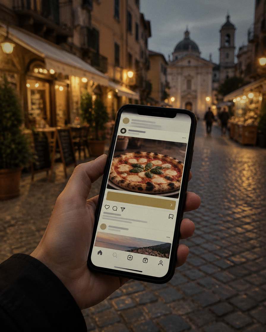 Una mano tiene un telefono con il post sponsorizzato di una pizzeria, in una via del centro all’imbrunire con i locali accesi